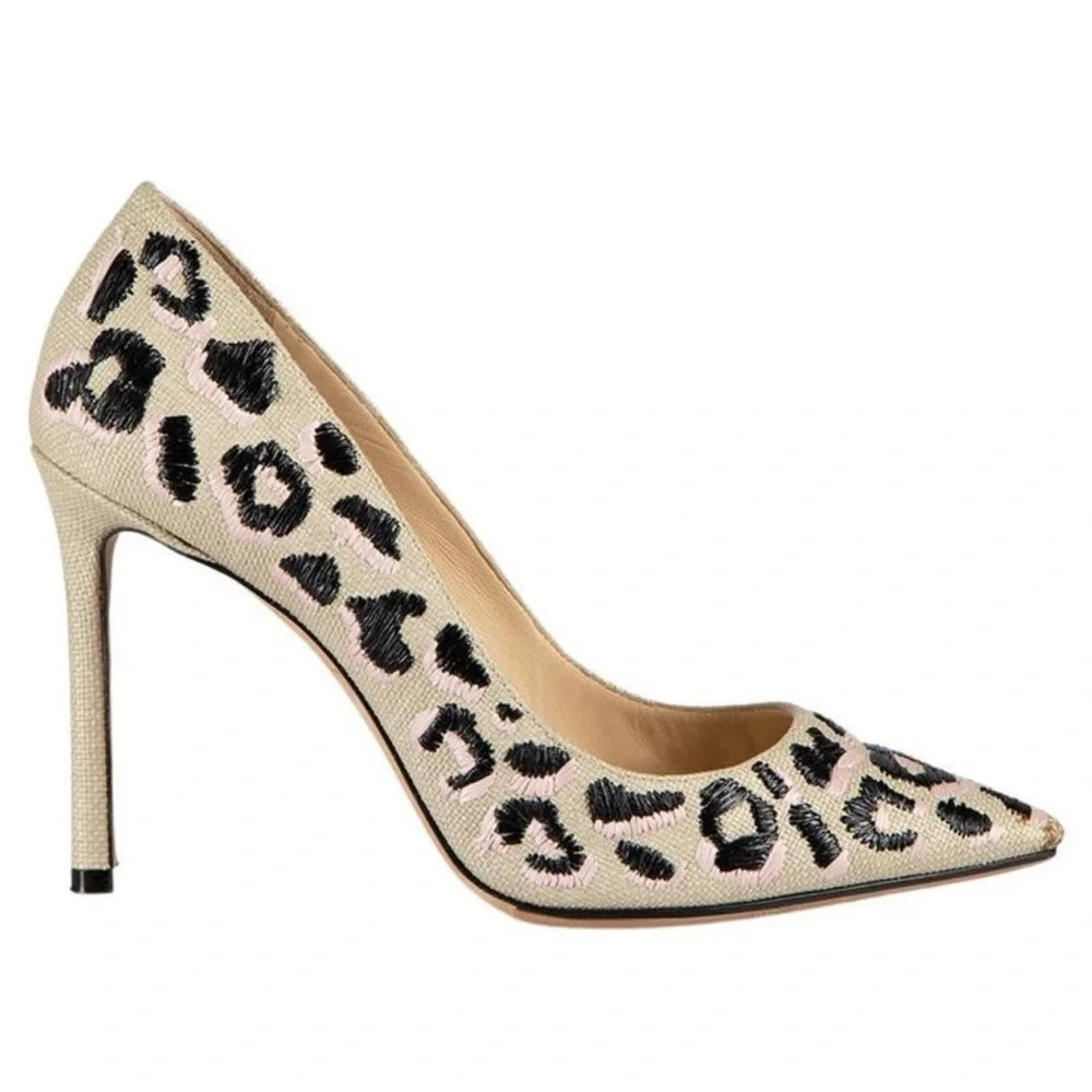Jimmy Choo Woven Raffia Leopard Pink Black Natural Motif Romy Pumps Heels